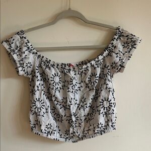 Guess White Off-Shoulder Embroidered Crop Top with Black Floral Eyelet Medium